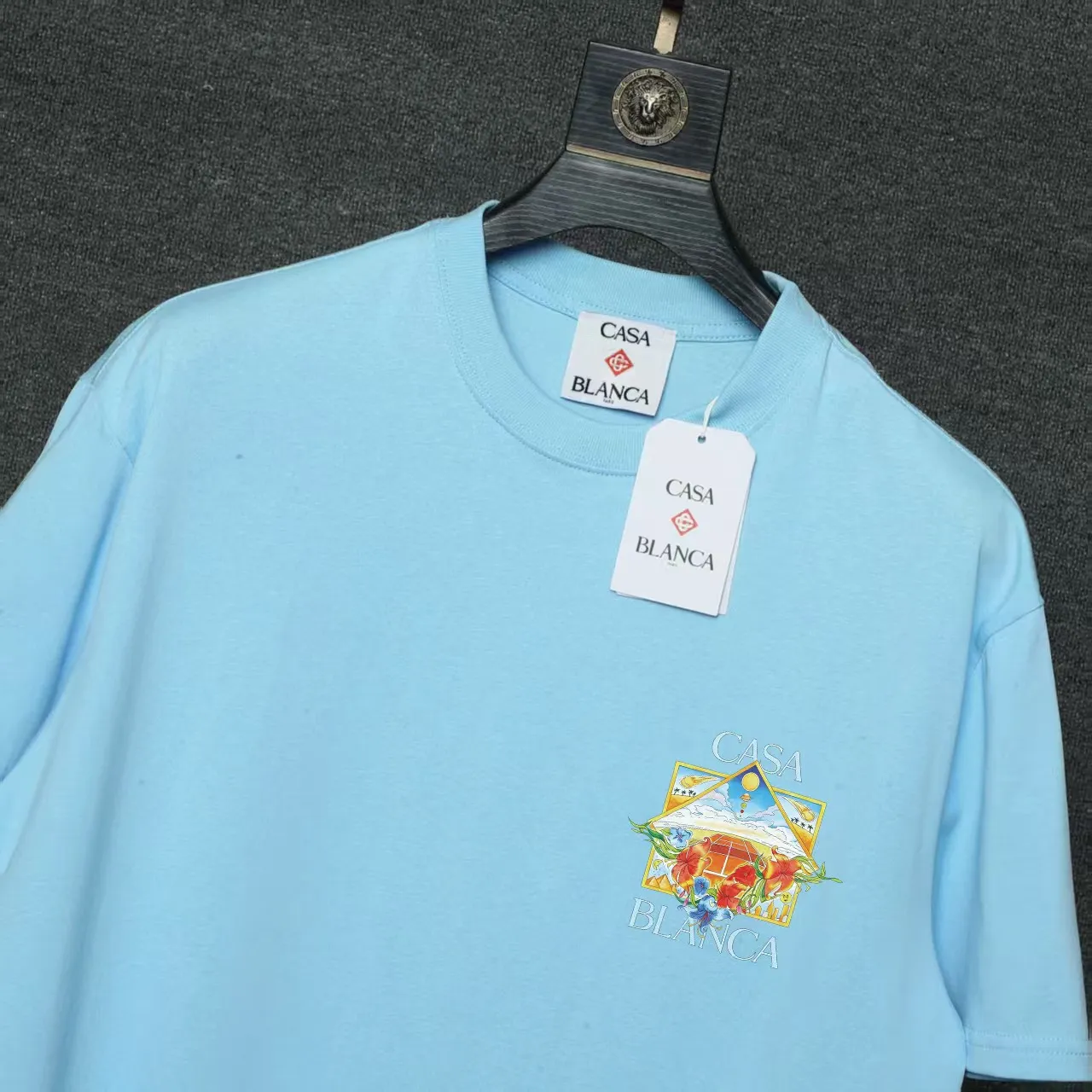 26ss CASABLANCA original printing process short-sleeved T-shirt original development using high-density double yarn pure cotton fabric upper body soft and comfortable color Black White Dark Green color Orange Pink Blue Royal Blue color cigarette powder 8 colors Sizes S M L XL